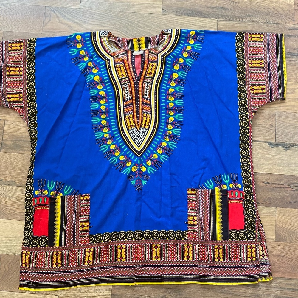 Dashiki Top Blue Yellow Shirt Size Large